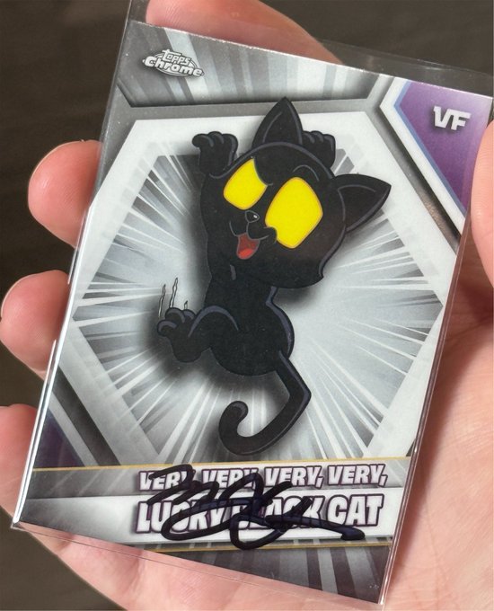 A hand holding a 'Lost Chrome' trading card featuring a black cat character with yellow eyes, titled 'VERY, VERY, VERY LUCKY BLACK CAT' and marked 'VF'.