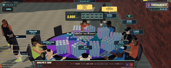A screenshot of a 3D online poker game showing a virtual table with multiple players, chip stacks, and a chat window on the left side.
