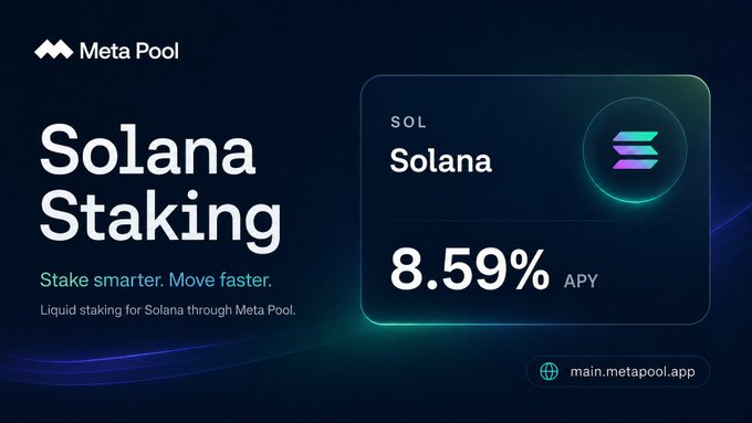 A Meta Pool advertisement for 'Solana Staking' promoting liquid staking with an 8.59% APY and the website main.metapool.app.