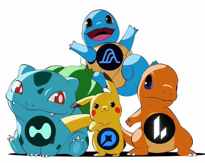 A cartoon illustration of four Pokémon characters—Bulbasaur, Squirtle, Pikachu, and Charmander—each with cryptocurrency logos on their bodies.