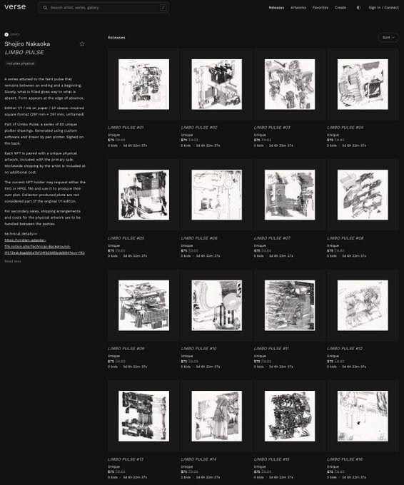 A screenshot of the 'verse' NFT marketplace displaying the 'Shohjiro Nakaoka LIMBO PULSE' collection, showing black and white architectural sketch artworks numbered LIMBO PULSE #01 through #16 with unique status and pricing details.