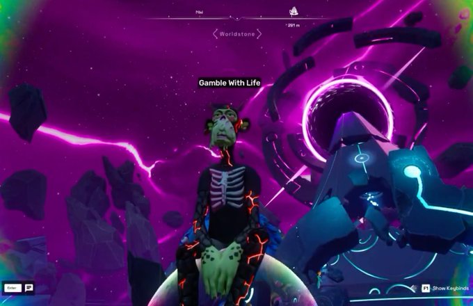A screenshot from a video game showing a skeleton character with text reading 'Gamble With Life' and 'Worldstone' against a purple cosmic background.