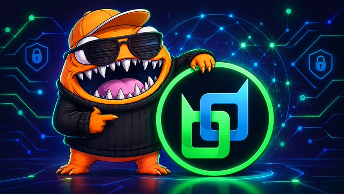 A cartoon mascot character wearing an orange cap, sunglasses, and a black sweater, posing next to a green circular logo with a blue symbol, set against a digital network background.