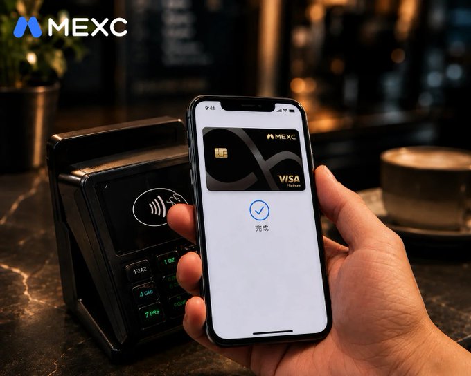 A hand holds a smartphone displaying the MEXC virtual Visa Platinum card on the MEXC app with a confirmation checkmark, tapping it against a contactless payment terminal to complete a transaction.

The image visually demonstrates the post's message by showing the seamless "beep" payment experience through Apple Pay integration with the MEXC Global Card, with the "Coming Soon" teaser hinting at this contactless crypto-to-real-world payment functionality soon being available.