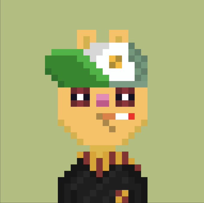 A pixel art illustration of a character with an orange/yellow face, green and white hat, and a black outfit against a light green background.