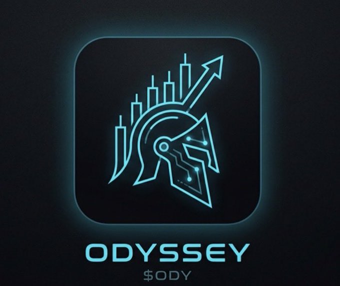 A glowing neon app icon features a stylized Spartan/Trojan helmet merged with an upward-trending bar chart and arrow, captioned "ODYSSEY" with the ticker "$ODY" below. The icon's financial-growth imagery and "$ODY" ticker visually reinforce the promotional post's teaser for the upcoming $ODY token drop via the "Bot of the Gods" Telegram channel.