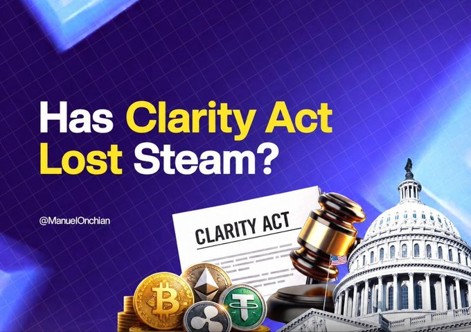 A graphic with purple background featuring the title 'Has Clarity Act Lost Steam?' by @ManuelOnchian, showing images of the US Capitol, a gavel, the Clarity Act document, and cryptocurrency coins (Bitcoin, Ethereum, Tether, XRP).