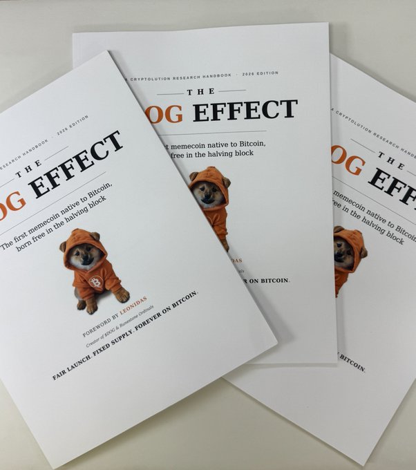 Three copies of "THE DOG EFFECT - 2020 Edition" Cryptolution Research Handbook are displayed, featuring a Shiba Inu mascot in an orange hoodie on the cover, with text promoting it as "The first memecoin native to Bitcoin" and noting a foreword by Leonidas. The image aligns with the post showcasing the three copies claimed by the user—one for themselves, one for a future child, and one for the $DOG Army giveaway.