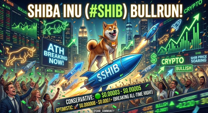 A vibrant promotional graphic announces a 'SHIBA INU (#SHIB) BULLRUN!' featuring a cartoon Shiba Inu dog riding a rocket with price predictions of $0.00003 to $0.0001+ and '@SHIB_COMMUNITY' at the bottom.