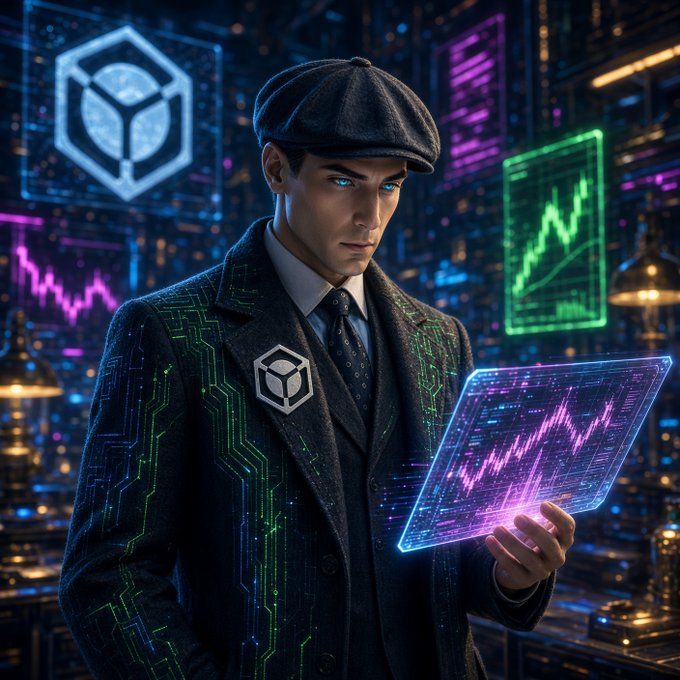 A digital artwork of a serious man wearing a flat cap and a circuit-patterned suit holding a glowing pink data tablet, set against a neon cityscape background with crypto charts.