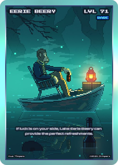 A pixel art digital trading card titled 'EERIE BEERY', depicting a skeleton sitting in a boat at night holding a bottle, with a lantern providing light and text reading 'If luck is on your side, Lake Erie Beery can provide the perfect refreshments.'
