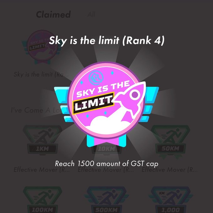 App screenshot displaying a "Sky is the limit (Rank 4)" achievement badge with the requirement "Reach 1500 amount of GST cap" against a background of distance-based runner badges.