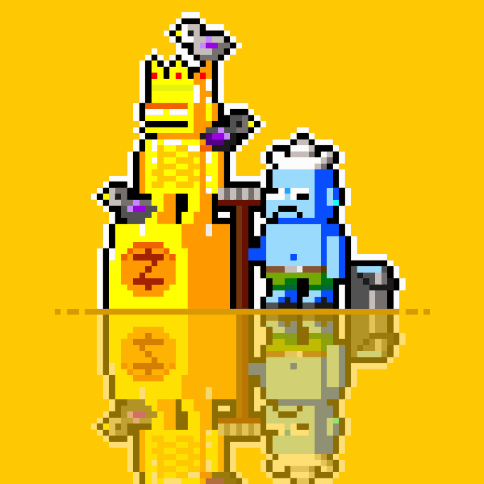 Pixel art illustration of a yellow/orange robotic ape wearing a miner's helmet standing next to a blue ape miner, with their reflection shown below on a gold background, visually representing the "ZECBIT LAUNCHPAD V2" mining-related NFT mint announcement.