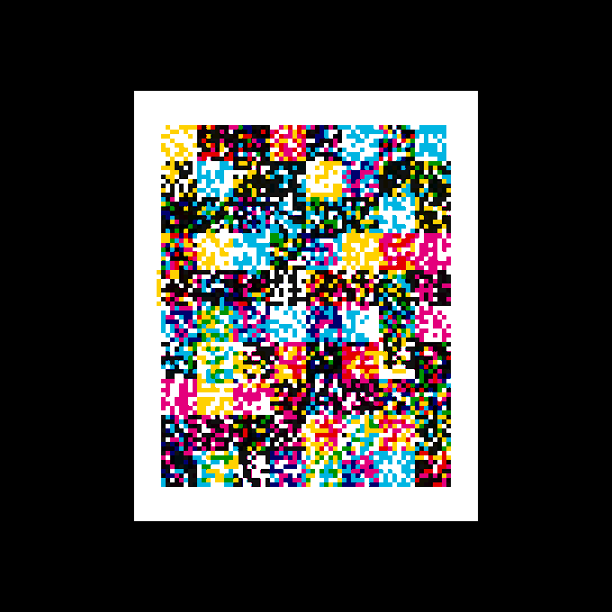 A colorful pixelated digital artwork featuring a mosaic-like pattern of bright colors including cyan, magenta, yellow, blue, and black squares on a white background.