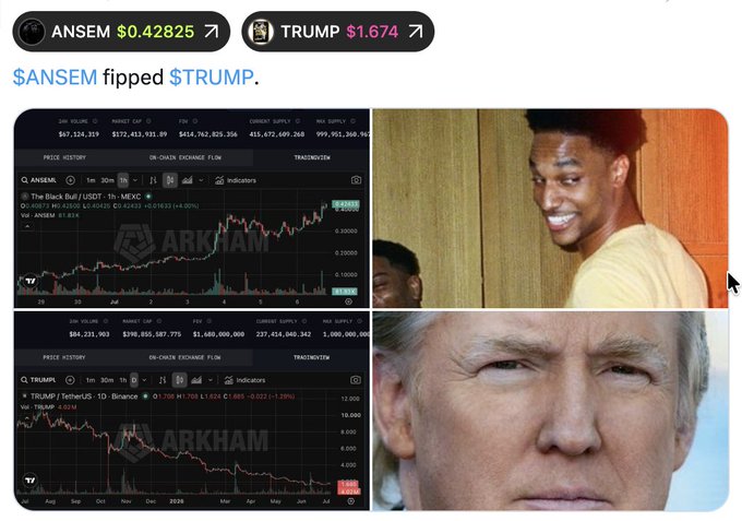 The user wants a concise caption for the image.
I need to identify the key elements:
- Top bar: "ANSEM $0.42825" and "TRUMP $1.674". This shows ANSem is higher than TRUMP.
- Middle left chart: "The Black Hat (USD) - 1h - MEXC". It shows a price chart with "ANSEM $1.6214". The price is going up (green arrow).
- Bottom left chart: "TRUMP / FathersUS - 1D - Binance". It shows a price chart with "TRUMP $0.6214". The price is going down (red arrow).
- Right side images: Top right is a man smiling (looks like a meme reaction). Bottom right is Donald Trump's face.
- The text overlay says "$ANSEM fipped $TRUMP." This matches the top bar data (ANSEM >