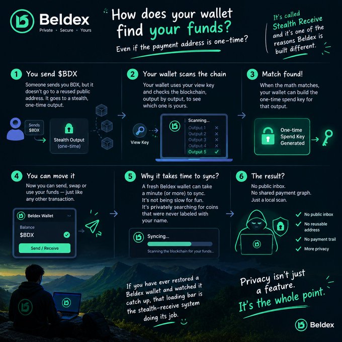 An infographic from Beldex cryptocurrency explaining how wallets use stealth addresses to find funds, with the headline 'How does your wallet find your funds?'