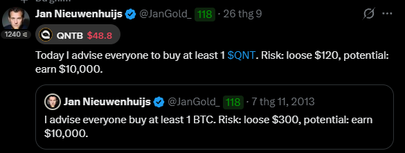 A social media post from Jan Nieuwenhuijs (@JanGold_) advising buying $QNTB at $48.8, with a quoted 2013 post of the same advice about BTC at $300.