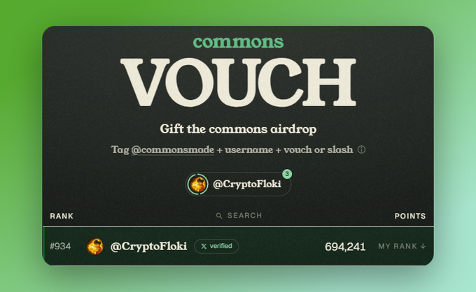 Screenshot of a 'commons' platform vouch interface showing user @CryptoFloki with rank #934 and 694,241 points, featuring the instruction to tag @commonsmade + username + vouch or slash.