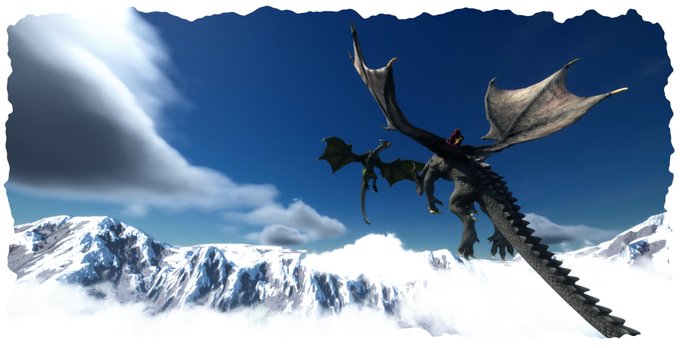 A fantasy illustration showing two dragons flying over a snowy mountain range against a blue sky with white clouds.
