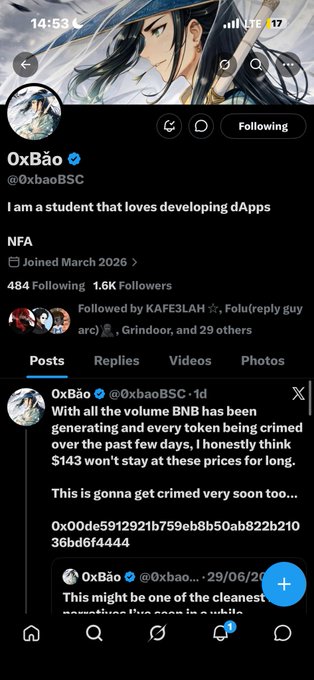 A Twitter/X profile for '0xBão (@0xbaoBSC)' with a bio stating 'I am a student that loves developing dApps'. The pinned post discusses volume on the BNB chain and mentions a potential crypto scam with prices dropping to $143.
