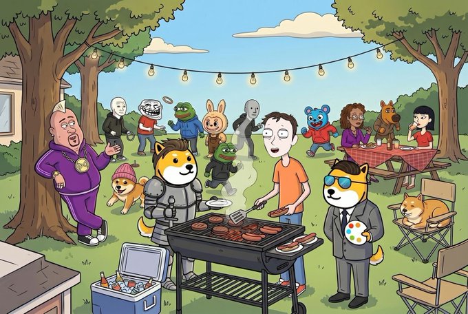 A cartoon-style illustration of an outdoor backyard barbecue scene with various characters including dogs dressed as Shiba Inus, people, and figures in costumes, gathered around a grill with burgers.