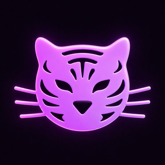 A glowing neon purple stylized cat face with cut-out tiger stripe patterns and whiskers floats against a black background, visually representing the "Fat Cats" NFT collection being revived on the Flare Network as mentioned in the accompanying post.