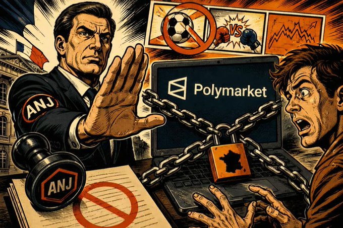 A comic-style illustration showing an ANJ (French gambling regulator) official blocking access to Polymarket, with chains and padlocks on a laptop and boxing/fighting imagery.