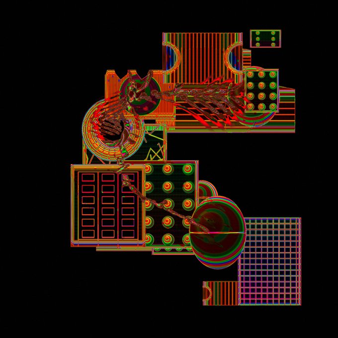 An abstract digital composition featuring overlapping geometric shapes, grids, and circular forms in neon green, red, and blue colors against a solid black background.