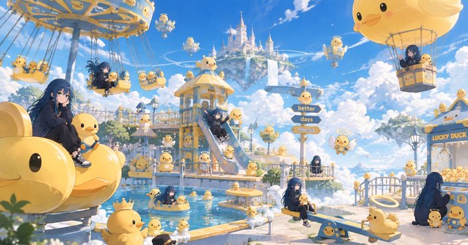 A whimsical anime-style illustration of a yellow duck-themed amusement park with hot air balloons, slides, and characters relaxing around a pool under a castle.