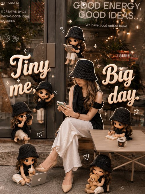 A photo collage of a woman using her phone in a cafe, surrounded by chibi-style dolls wearing matching hats, with the text 'GOOD ENERGY, GOOD IDEAS. We have good coffee here!', 'Tiny me,', and 'Big day.'