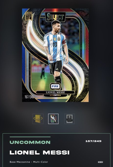 A digital trading card featuring Lionel Messi in his Argentina kit, marked as a 2025 Select FIFA card numbered 157/245 with a 'Base Mezzanine - Multi-Color' uncommon design.