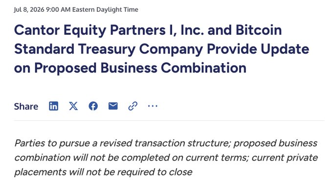 The image shows a press release headline dated July 8, 2026, announcing that Cantor Equity Partners I, Inc. and Bitcoin Standard Treasury Company are updating their proposed business combination, noting the parties will pursue a revised transaction structure rather than closing on current terms. The caption's warning about Adam Back and the deal falling apart aligns with this announcement that the previously proposed merger will not be completed as originally structured, sparing investors from the original terms.