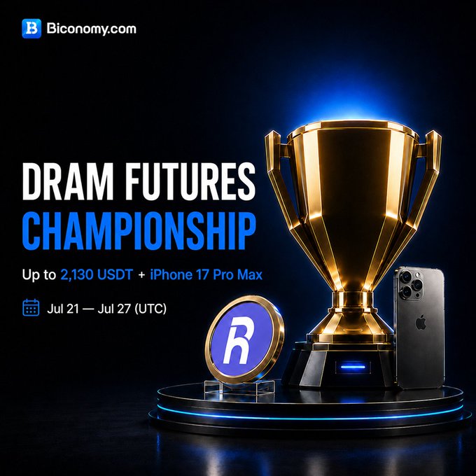 A promotional graphic from Biconomy.com for the 'DRAM FUTURES CHAMPIONSHIP' with a gold trophy, a token coin, and an iPhone 17 Pro Max, offering up to 2,130 USDT in prizes from July 21 to July 27 (UTC).
