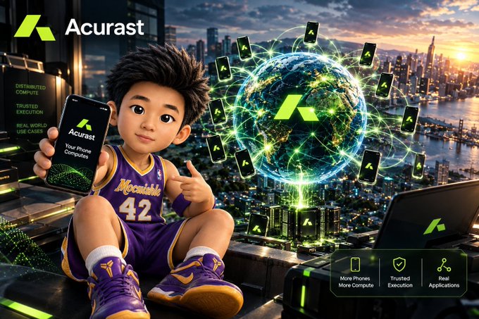 An advertisement for Acurast featuring a cartoon boy in Lakers jersey #42 holding a phone, with a futuristic cityscape and the tagline about decentralized computing, trusted execution, and real-world use cases.