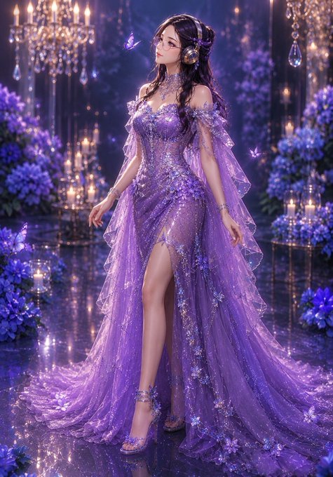 A woman in an elegant, sparkling purple gown with a high slit stands in a dreamy, chandelier-lit setting surrounded by purple flowers and butterflies, embodying the magical and celebratory vibe of a weekend Saturday greeting to the web3 community.
