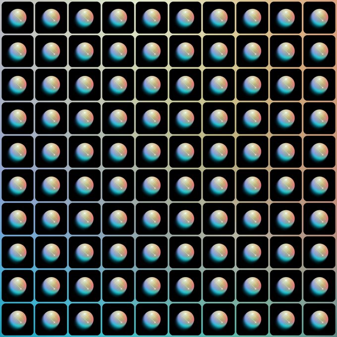 A grid of 100 rounded-square tiles, each containing a glowing gradient sphere in hues of blue, purple, and pink, arranged in 10 rows of 10 to represent the "100 most mysterious projects on Solana" without any visible text or names. The repeating, uniform design creates a mysterious, unidentified aesthetic matching the post's theme of little-known projects awaiting discovery.