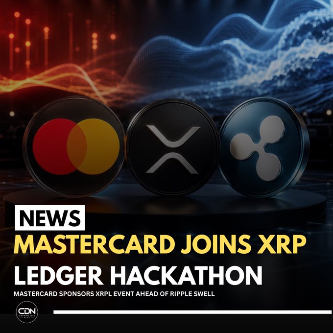 A news graphic titled 'MASTERCARD JOINS XRP LEDGER HACKATHON' with the subtitle 'MASTERCARD SPONSORS XRPL EVENT AHEAD OF RIPPLE SWELL' displays the Mastercard, XRP, and Ripple logos.