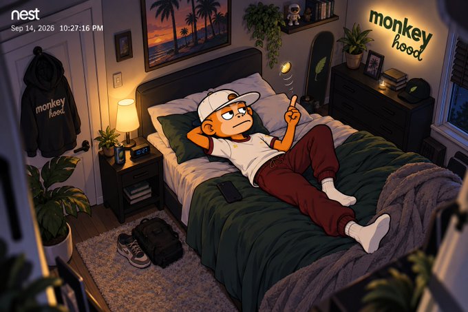 An anime-style illustration timestamped Sep 14, 2026 showing a character lying on a bed in a bedroom decorated with "monkey hood" branded items including a hoodie and neon sign.