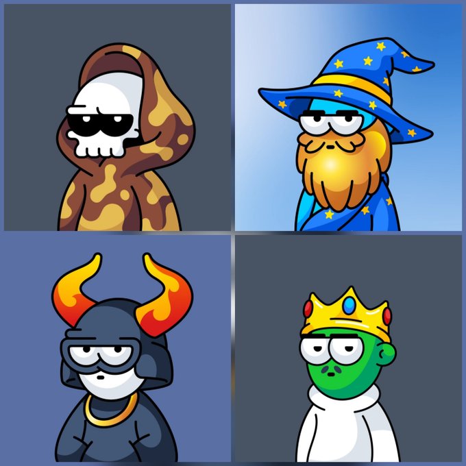 A four-panel cartoon featuring stylized characters: a skeleton in camouflage hoodie with sunglasses, a wizard in a EU-flag blue hat and robe, a horned demon in dark clothing, and a green-faced figure wearing a gold crown and white robe.