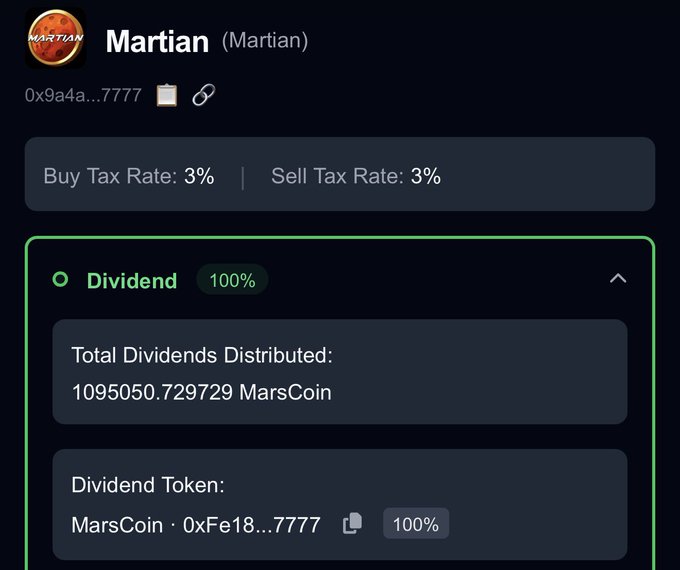 The image displays a cryptocurrency token page for "Martian" with a 3% buy/sell tax rate, showing a Dividend section at 100% with 1,095,050.729729 MarsCoin already distributed to holders. This visually supports the post's claim of "Over 1M $MarsCoin's Distributed" by highlighting the dividend token (MarsCoin) that holders automatically receive simply by holding $Martian.