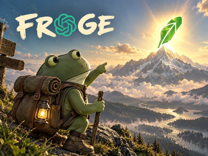An illustration of a green frog with a backpack and walking stick pointing toward mountains, with the word "FROGE" above and a rocket ship flying into the sun.