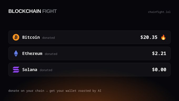 A dark-themed 'BLOCKCHAIN FIGHT' dashboard (chainfight.lol) listing crypto donations: Bitcoin $20.35, Ethereum $2.21, and Solana $0.00, with the tagline 'donate on your chain · get your wallet roasted by AI.'