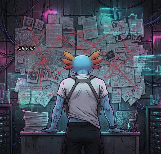 The image features a man with an orange head, dressed in a white shirt and black pants, standing behind a desk filled with stacks of papers. The desk also has a computer monitor and keyboard placed on top of it. The background shows a wall covered in various posters and maps, suggesting that the man might be involved in some sort of investigation or research project related to these visuals. The image is accompanied by a caption that reads "It's all coming together Grind rising @SuiNetwork".