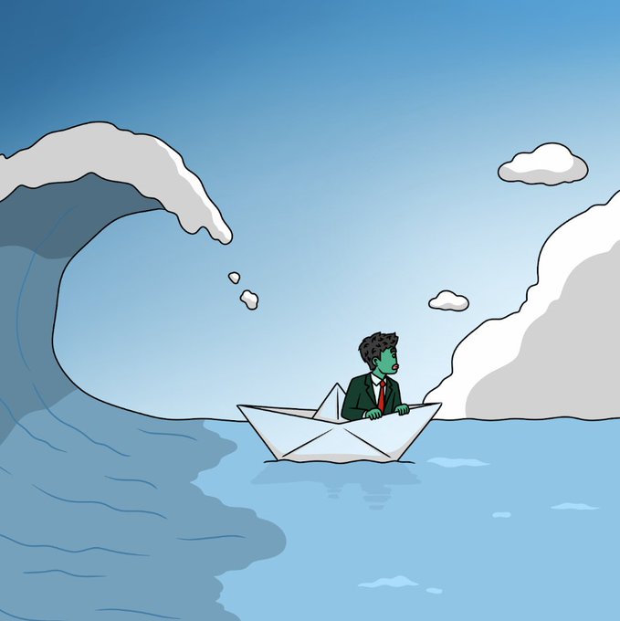 An illustration of a green-faced figure in a green suit and red tie sailing a paper boat on a blue sea, with a massive wave curling over to the left.