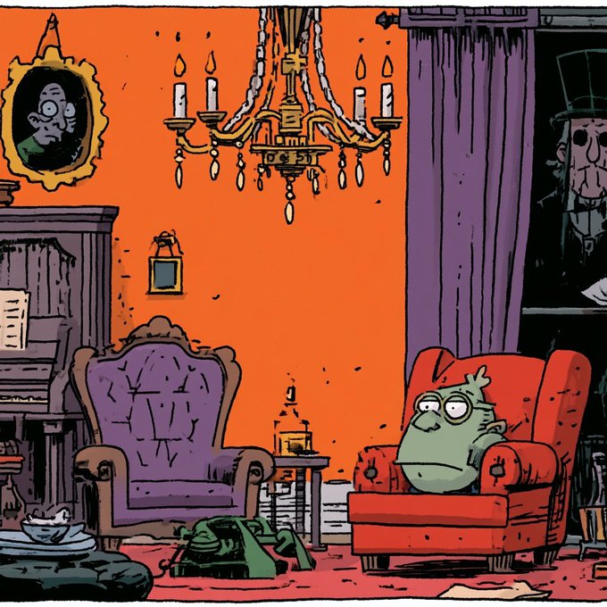 A cartoon illustration of a sad green character in a blue shirt sitting in a red armchair inside a dimly lit, eclectic room.