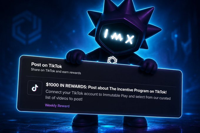 A purple IMX (Immutable) spiky character holds a card advertising 'Post on TikTok' to share on TikTok and earn rewards, featuring '$1000 IN REWARDS: Post about The Incentive Program on TikTok!' and a 'Weekly Reward' label.