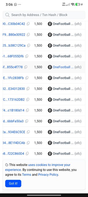 A mobile screenshot of a search interface displaying multiple blockchain transaction hashes linked to 'OneFootball' tokens, with a cookie consent notice at the bottom.