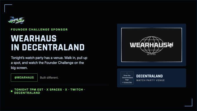 A promotional graphic for 'WEARHAUS IN DECENTRALAND' as a Founder Challenge Sponsor for Rogue War, with text including '@W3ARHAUS', 'TONIGHT 7PM EST', and 'Decentraland Watch Party Venue'.