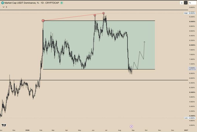 A TradingView chart displays 'Market Cap USDT Dominance, % · 1D · CRYPTOCAP', showing price action between approximately 6.200% and 8.800% from November to October 2026, with current value around 7.034%.