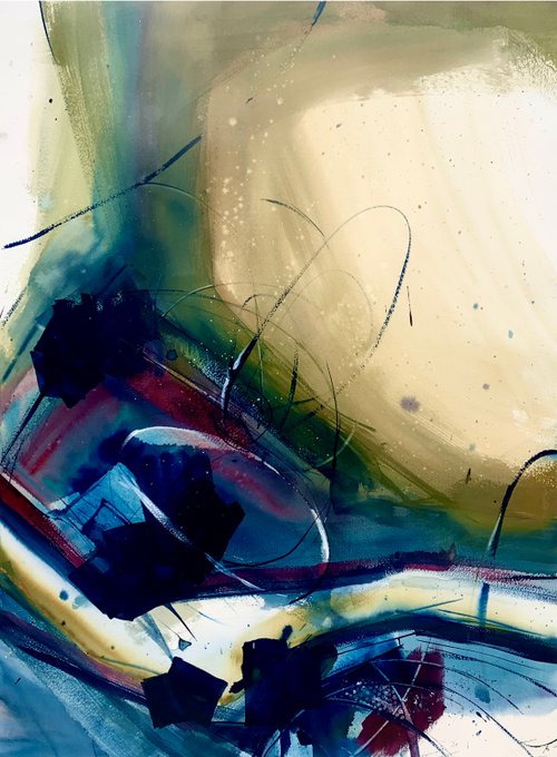 An abstract expressionist painting featuring dark blue, red, and teal brushstrokes, splatters, and sweeping black lines against a beige background.